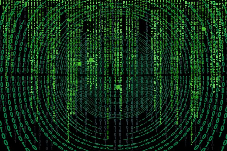 Een afbeelding van een groene matrixcode op een zwarte achtergrond.
