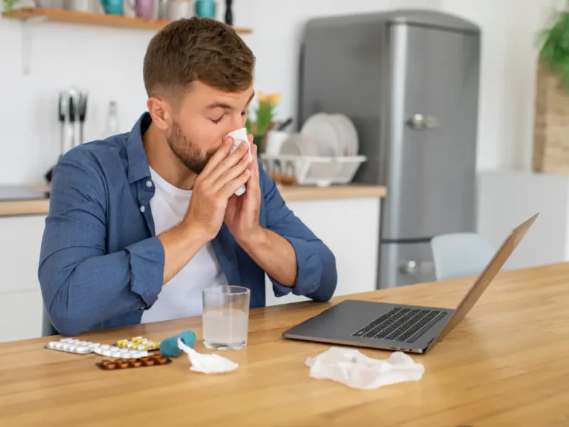 Een zieke man met verkoudheid is aan het werk op een laptop en snuit zijn neus.