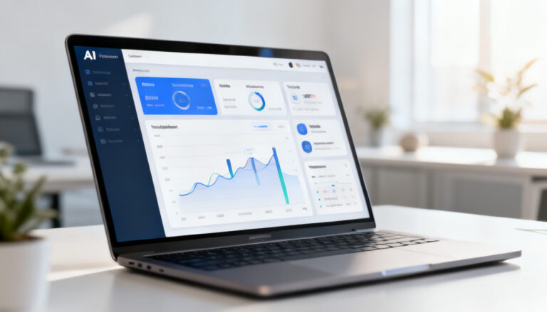A close-up of a modern laptop screen displaying a clean, intuitive AI software interface tailored for business management, showing data analytics and task automation features relevant to an SME.