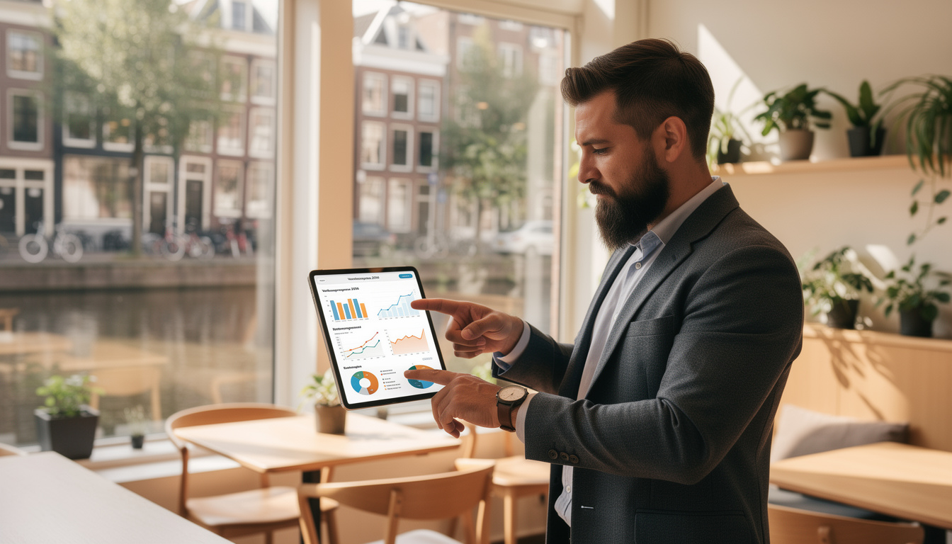 Een mannelijke ondernemer, midden 30, met een stijlvolle baard, die naar een helder, intuïtief AI-gedreven dashboard op een tablet wijst. Het dashboard toont grafieken en data gerelateerd aan verkoopprognoses en klantinzichten.