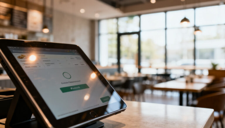 A close-up of a modern tablet displaying a digital menu or a payment confirmation screen.