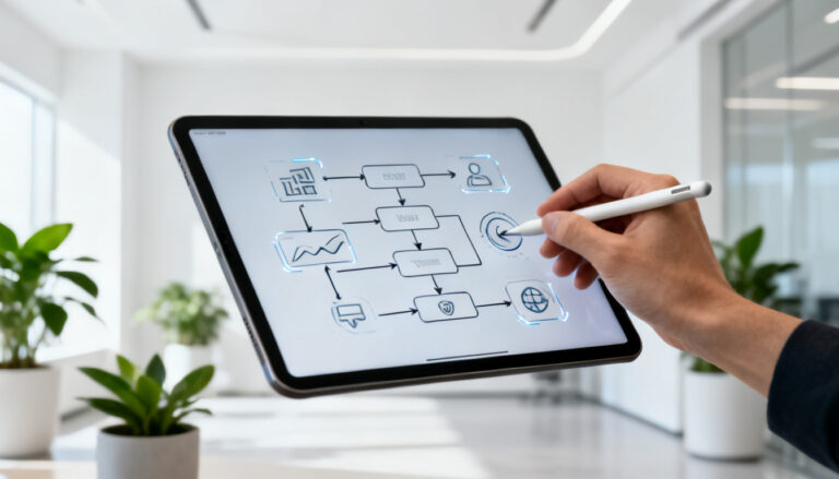 A hand drawing a strategic flowchart on a tablet screen with a stylus.