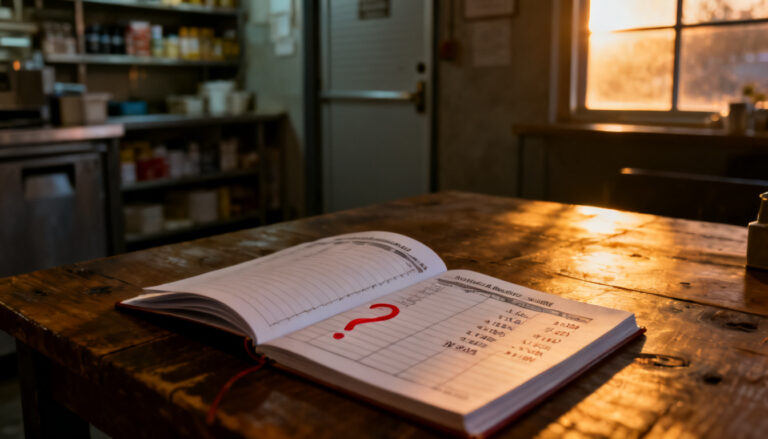 A lone, detailed financial ledger for a small hospitality business, open to a page showing revenue growth figures, but with a handwritten, subtle red question mark next to the positive numbers, implying unresolved issues.