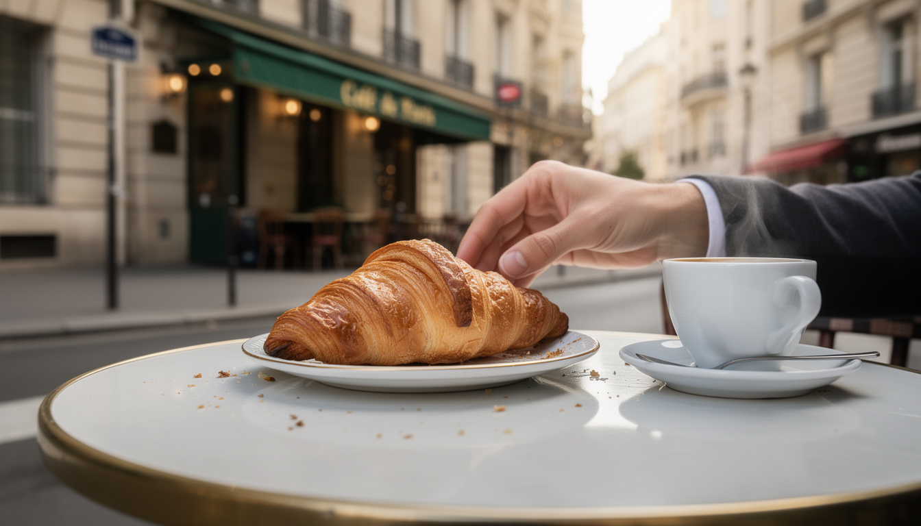 Een close-up van een hand die een vers gebakken croissant pakt van een wit porseleinen bord.