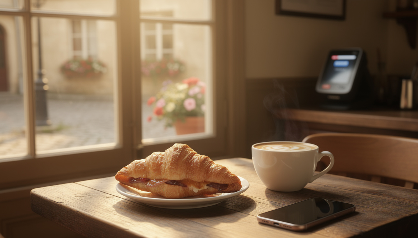 Een rijk belegd croissantje en een kopje koffie op een houten tafel