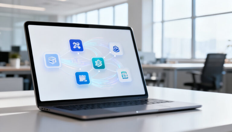A modern laptop or tablet screen prominently displaying a clean, intuitive user interface with several interconnected software application icons, subtly animated to show data flowing between them, symbolizing integration and efficiency.